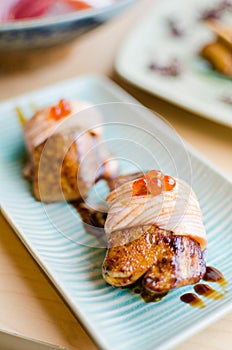 Grilled foie gras and salmon sushi