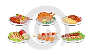Grilled Food Vector Set. Barbeque Meat and Fish Collection