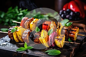 Grilled Fruits Set, Barbecue Fruit Pieces on Wooden Skewers, Vegetarian BBQ