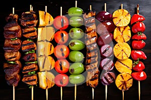 Grilled Fruits Set, Barbecue Fruit Pieces on Wooden Skewers, Vegetarian BBQ