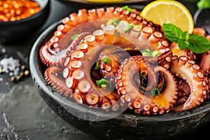 Grilled Galician octopus leg with sauce. black plate. Traditional Mediterranean dish. Octopus dish \