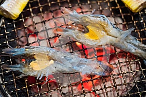Grilled giant river prawn, close up on grill