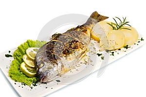 Grilled gilt head sea bream on plate with lemon and rosemary and