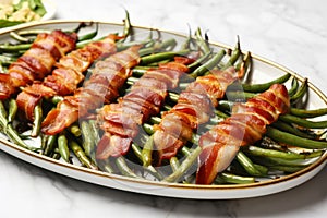 Grilled green asparagus wrapped with bacon. Bacon wrapped roasted green bean bundles in serving platter. Generative AI