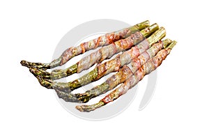 Grilled green asparagus wrapped with bacon Isolated on white background, top view.