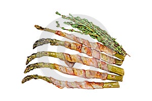 Grilled green asparagus wrapped with bacon Isolated on white background, top view.