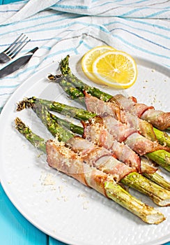Grilled green asparagus wrapped with bacon. Ketogenic diet. Healthy food, diet