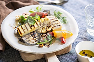 Grilled Halloumi with aubergine and pepper salad