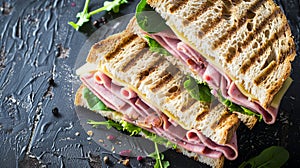 Grilled ham cheese sandwich dark textured background arugula. Close-up fresh food