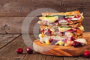 Grilled holiday turkey, cranberry and brie sandwich stack on a serving board against wood