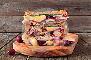 Grilled holiday turkey, cranberry and brie sandwich stack on a serving board against wood