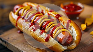 Grilled hot dog with mustard and ketchup on wooden background.