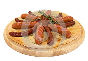 Grilled hot sausages and frankfurters on the pita