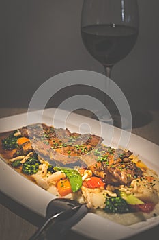 Grilled Iberico Pork Pluma Honey glazed with chef`s pick of daily vegetable market photo