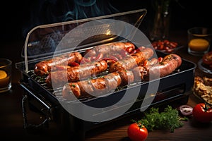 Grilled juicy sausages on a grill with fire