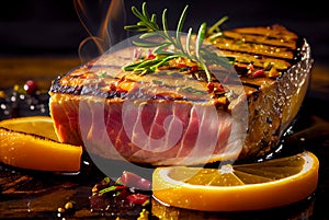 Grilled juicy tuna steak with slices of lemon. Restaurant menu image