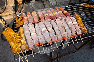 Grilled kebab cooking on metal skewer. Roasted meat cooked at barbecue. BBQ fresh beef meat chop slices