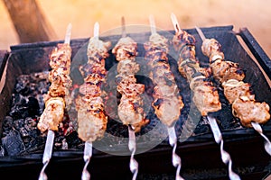 Grilled kebab cooking on metal skewer. Roasted meat cooked at barbecue. Traditional eastern dish, shish kebab. Grill on