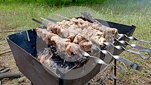 Grilled kebab cooking on metal skewer. Roasted meat cooked at barbecue. Traditional eastern dish, shish kebab. Grill on