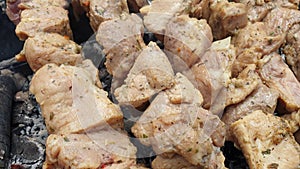 Grilled kebab cooking on metal skewer. Roasted meat cooked at barbecue. Traditional eastern dish, shish kebab. Grill on