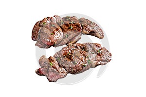 Grilled Lamb chop leg steaks, mutton meat with herbs. Isolated on white background.
