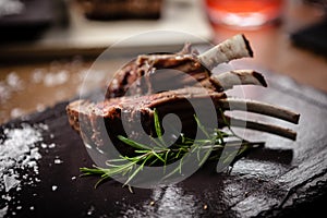 Grilled lamb chops served with a branch of rosemary