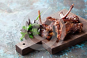 Grilled lamb meat on a wooden board