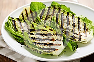 grilled lettuce with scorch marks on a porcelain dish