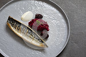 Grilled mackerel with beetroot and blackberries