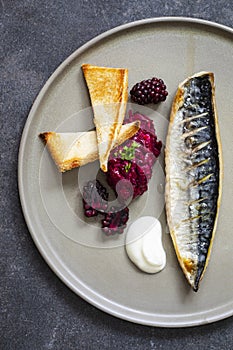 Grilled mackerel with beetroot and blackberries