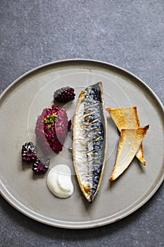 Grilled mackerel with beetroot and blackberries
