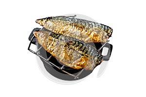 Grilled mackerel fish fillet on a grill. Isolated on white background. Top view.