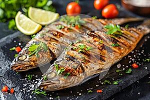 Grilled Mackerel Fish on Slate with Lime and Tomato Garnish, Fresh Seafood Cuisine Concept