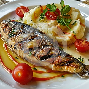 Grilled Mackerel with Mashed Potatoes and Tomatoes, Fried Scomber Fillet photo
