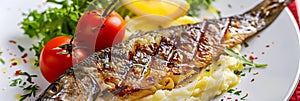 Grilled Mackerel with Mashed Potatoes and Tomatoes, Fried Scomber Fillet photo