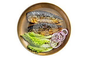 Grilled mackerel scomber fish fillets with garnish in a plate. Isolated on white background.