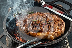 grilled marbled beef steak striploin with spices in a grill pan. place for text, top view