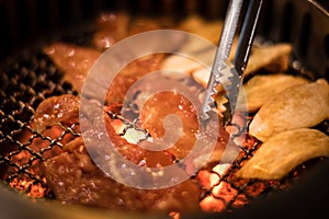 Grilled Meat Cooking on Flaming Grill