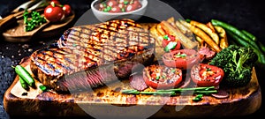 Grilled meat. Fresh grilled meat. Grilled beef steak medium rare on wooden cutting board with vegetables. Medium Rare Ribeye steak