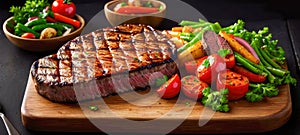 Grilled meat. Fresh grilled meat. Grilled beef steak medium rare on wooden cutting board with vegetables. Medium Rare Ribeye steak