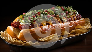 Grilled meat, freshness, gourmet lunch, snack, pork, tomato, hot dog, plate, close up generated by AI