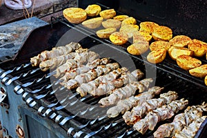 Grilled meat with fried potatoes and meat as well as kebabs