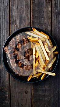 Grilled meat and fries presented enticingly on a wooden table