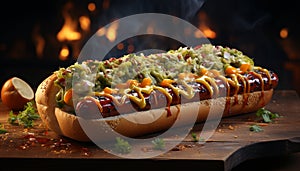 Grilled meat, hot dog, gourmet sandwich, cooked with freshness generated by AI