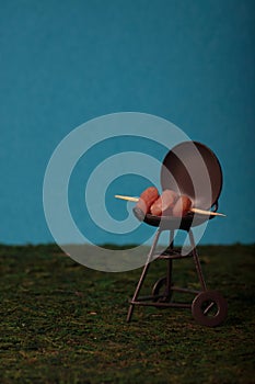 Grilled meat on a roaster  on green grass against blue background. Vertical image photo