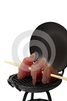 Grilled meat on a roaster isolated on white background vertical image extreme close up photo