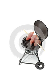 Grilled meat on a roaster isolated on white background vertical image flat lay photo