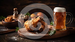 Grilled meat on rustic table, perfect pub food appetizer generated by AI