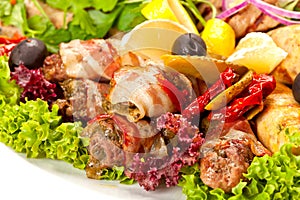 Grilled meat, sausages and vegetables