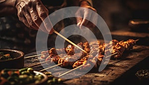 Grilled meat on skewer, barbecue, cooking, heat, fire, coal, flame generated by AI